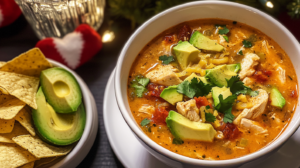 A hearty bowl of Sun-Dried Tomato Chicken Tortilla Soup loaded with toppings like avocado, cheese, and tortilla strips.