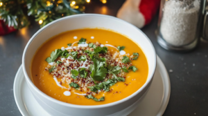 A creamy orange bowl of Sweet Potato Coconut Soup topped with quinoa and cilantro.