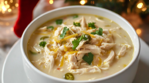 A creamy bowl of Slow Cooker White Chicken Chili, topped with cheese, cilantro, and jalapeño slices.