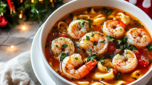 A bowl of flavorful Instant Pot Tortellini Soup with shrimp, tortellini, tomatoes, and spinach.