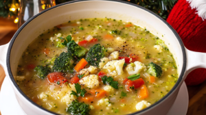 A comforting bowl of Broccoli Cauliflower Soup with visible florets and vegetables, garnished with Parmesan and parsley.