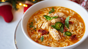 A creamy bowl of Chicken Orzo Soup with sun-dried tomatoes, orzo, and chicken, garnished with basil.