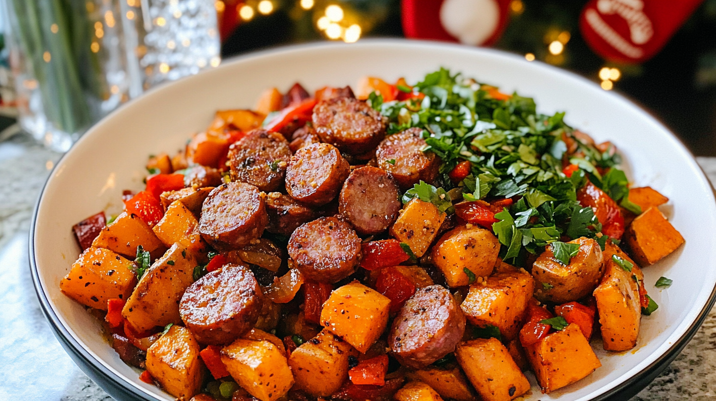 A colorful skillet of Sausage and Sweet Potato Stir-Fry with peppers and onions.