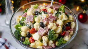 A colorful bowl of Broccoli Cauliflower Salad with ham, cheese, tomatoes, and olives.
