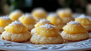 Golden-brown Pineapple Coconut Thumbprint Cookies with pineapple filling and coconut coating.