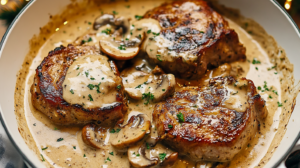 Golden-brown seared Garlic Pork Chops simmering in a creamy mushroom sauce in a skillet.