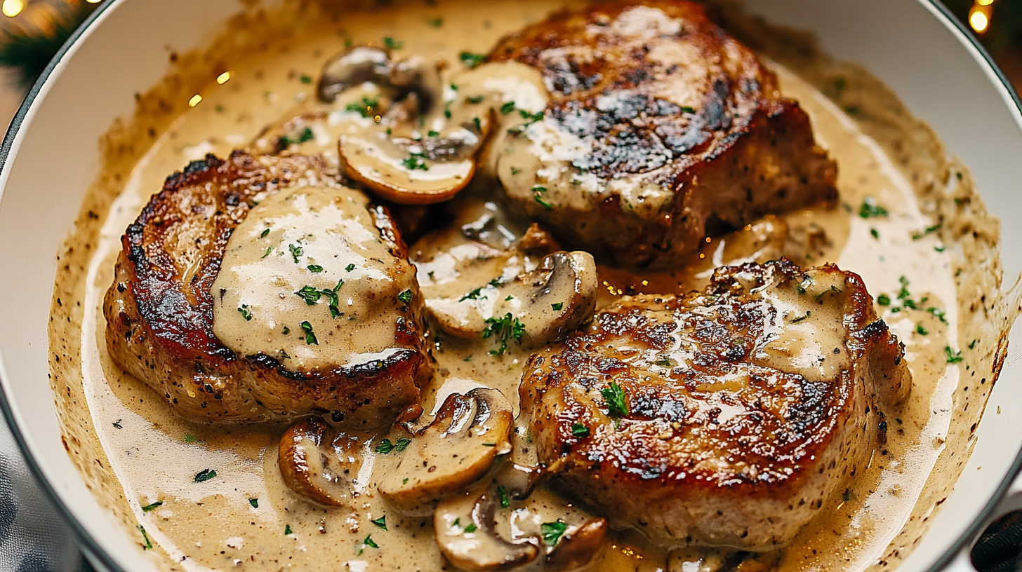 Golden-brown seared Garlic Pork Chops simmering in a creamy mushroom sauce in a skillet.