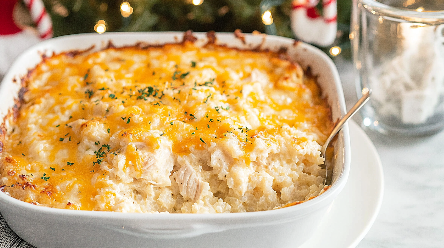 A bubbly, golden-brown Chicken Cauliflower Rice Casserole in a baking dish, topped with melted cheese.