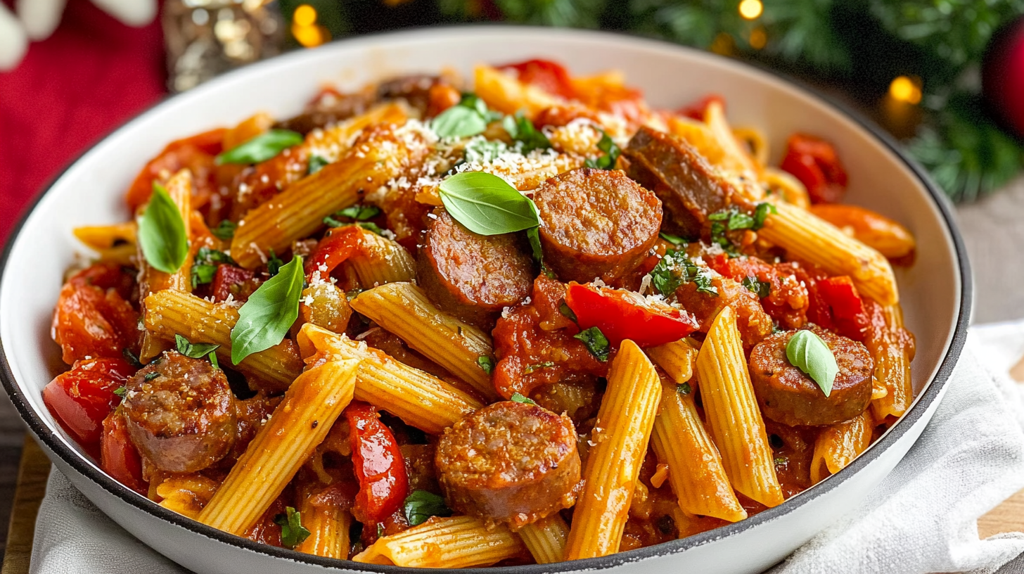 A large skillet filled with colorful Sausage Pasta Skillet, featuring pasta, sausage, peppers, and tomatoes.