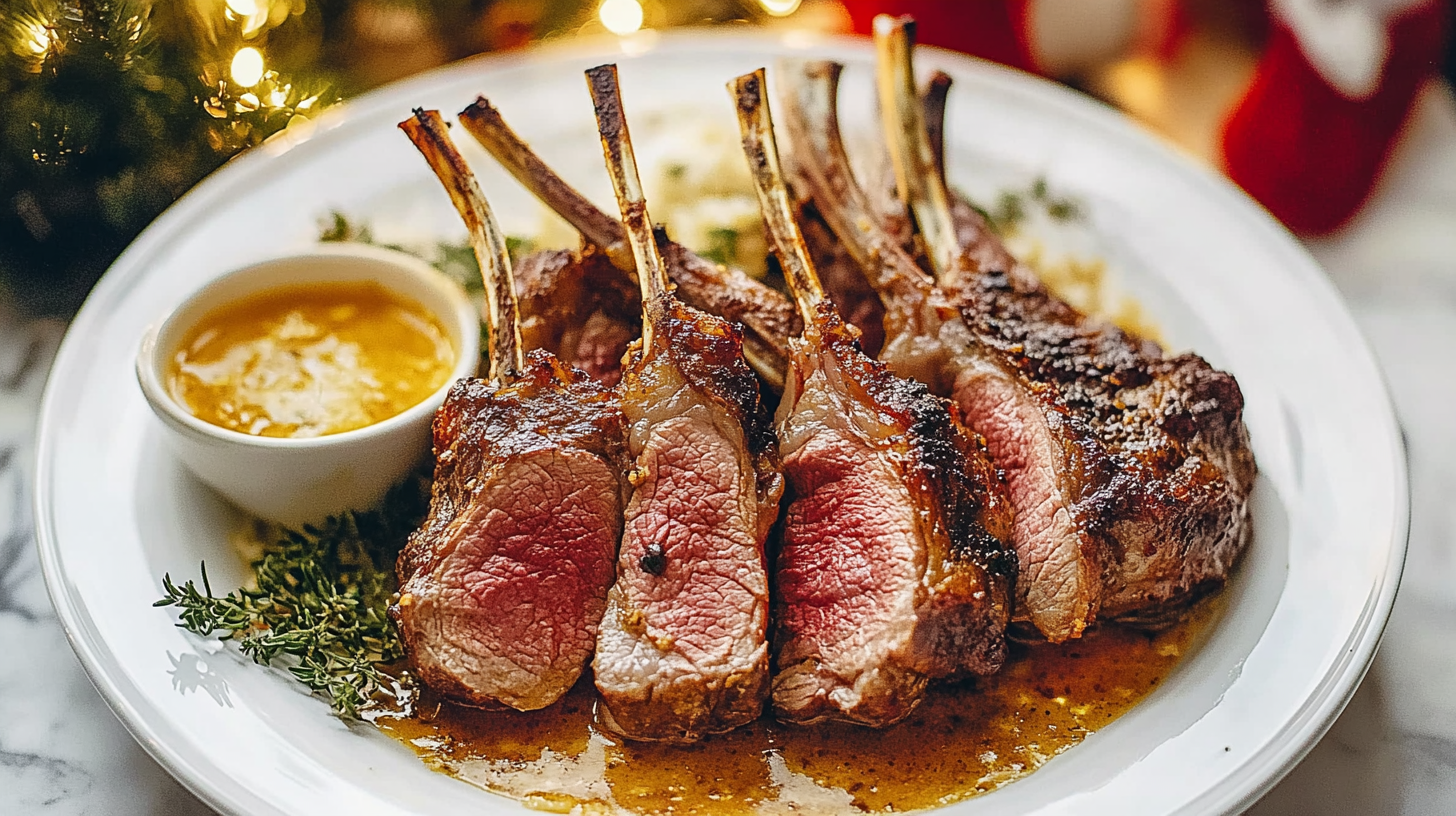 An elegant Roasted Rack of Lamb, carved into chops and arranged on a platter.
