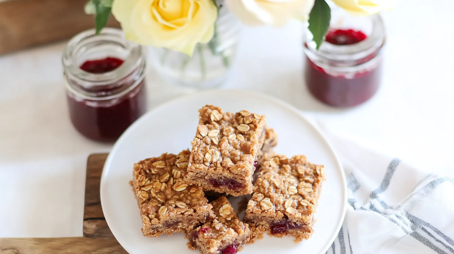 A stack of Peanut Butter & Jam Bars showing the oat crumble topping and jam filling.
