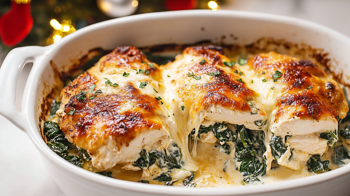 A bubbly, golden-brown Spinach Chicken Casserole in a baking dish.
