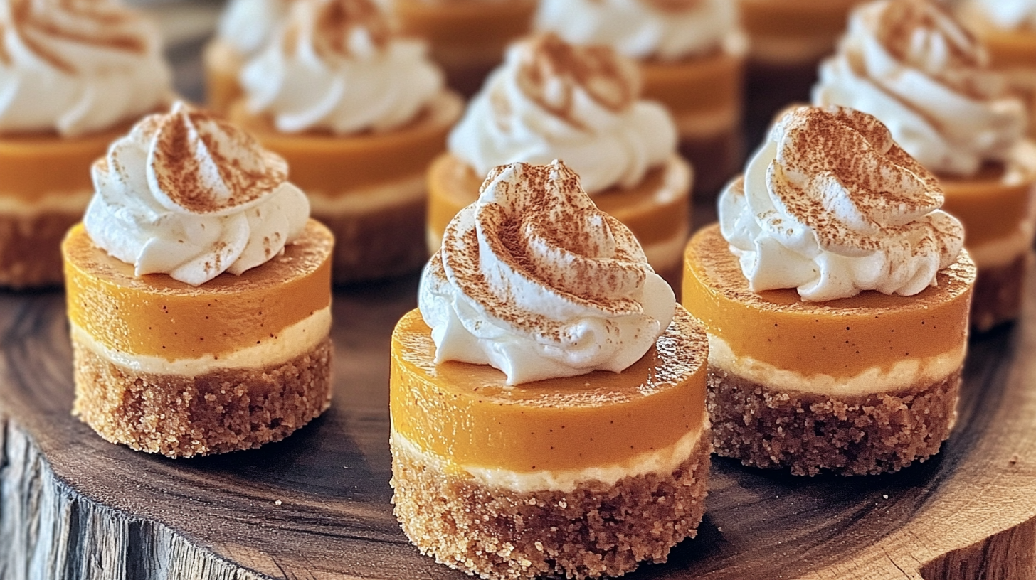 A platter of No Bake Mini Pumpkin Cheesecakes topped with whipped cream, caramel, and nuts.