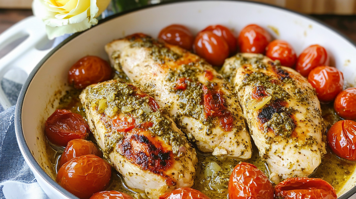 A skillet of Creamy Pesto Chicken with Roasted Tomatoes, garnished with fresh basil.