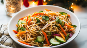 A colorful bowl of Asian Noodle Salad with noodles, carrots, cucumber, peppers, and cilantro, tossed in dressing.