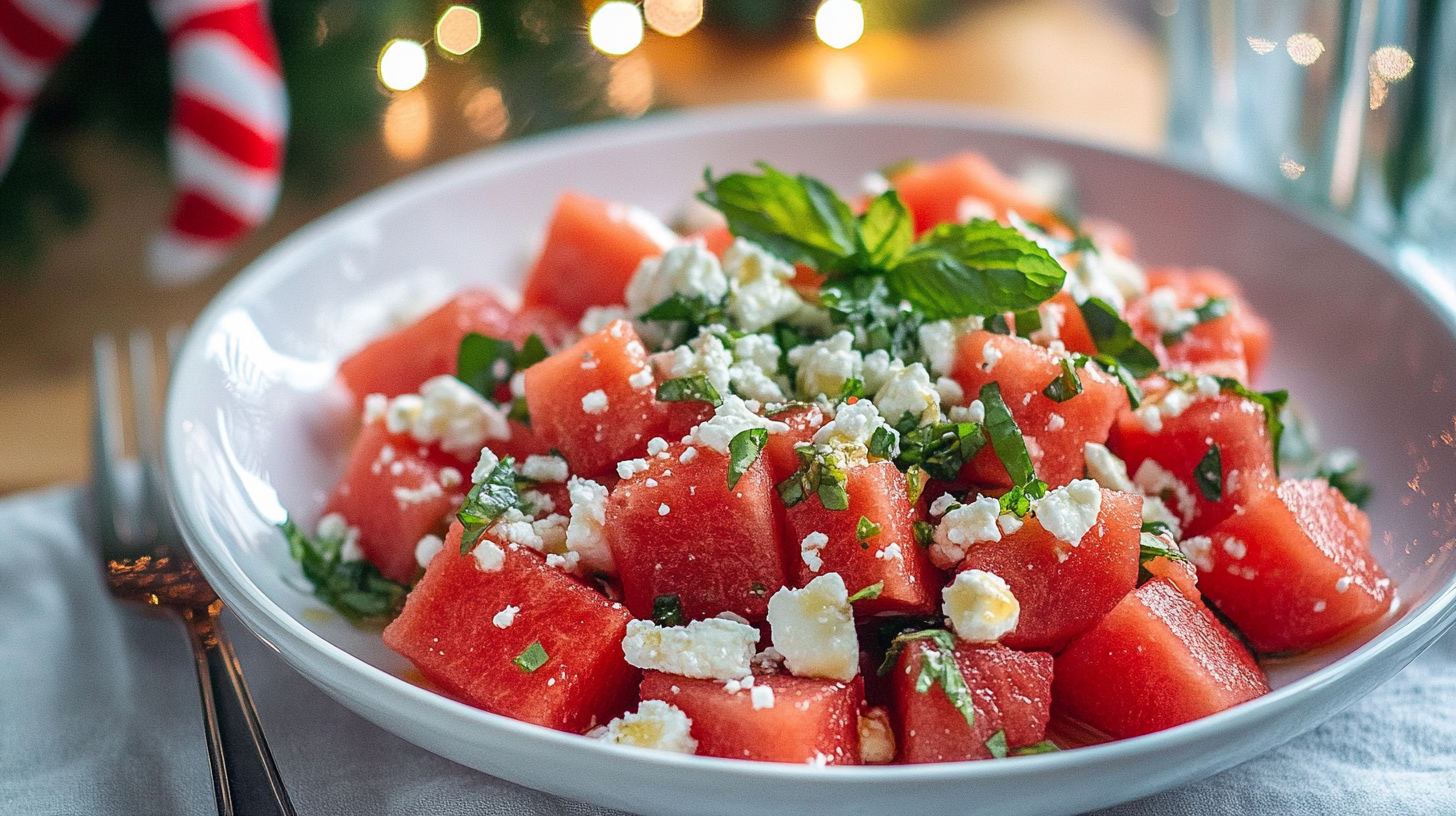 A bright and colorful bowl of Watermelon Feta Salad with fresh mint and basil.