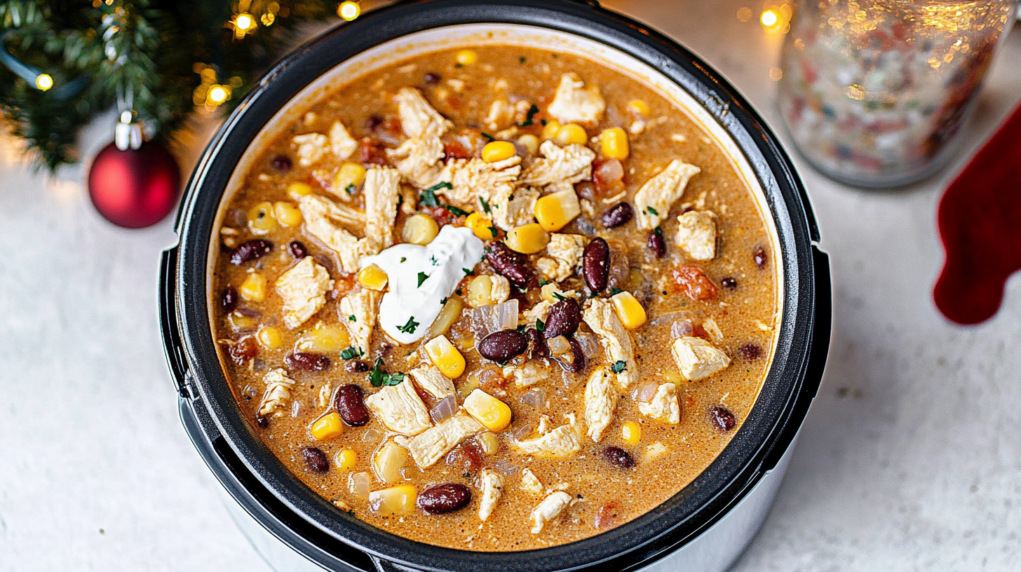 A creamy bowl of Instant Pot Chicken Chili loaded with toppings like cheese, sour cream, and cilantro.