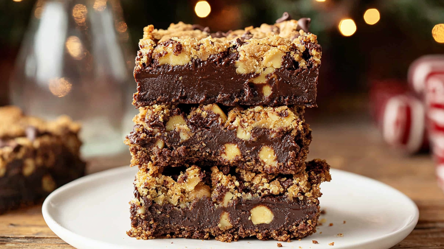 Gooey Gold Rush Brownies cut into squares on parchment paper.
