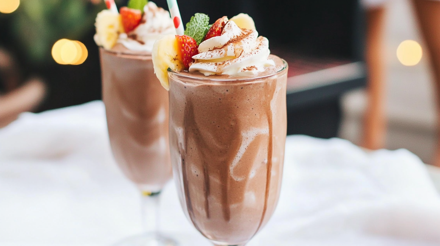 Tall glasses filled with thick, creamy Healthy Chocolate Frosty, possibly topped with coconut whip.