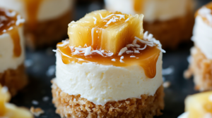 A platter of Mini Pineapple Coconut Cheesecakes topped with pineapple topping.