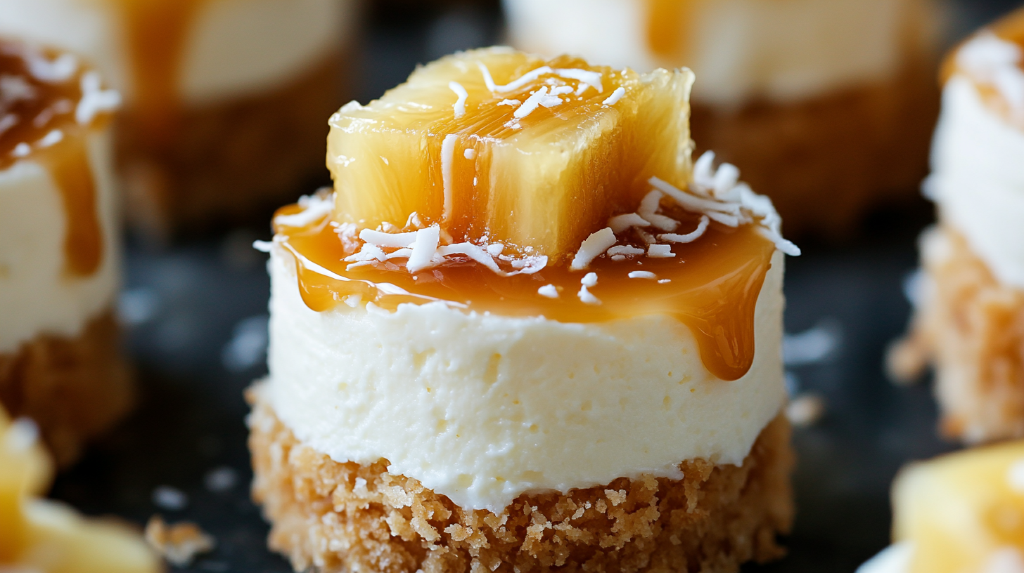 A platter of Mini Pineapple Coconut Cheesecakes topped with pineapple topping.