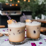Rose Lavender Iced Latte (Honey Sweetened!) 13 Straining the cooled rose lavender honey simple syrup into a jar.
