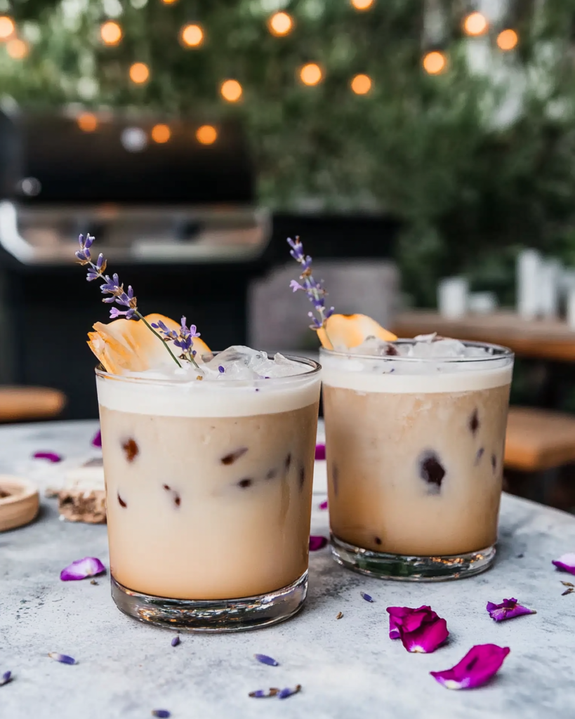 Rose Lavender Iced Latte (Honey Sweetened!) 11 Straining the cooled rose lavender honey simple syrup into a jar.