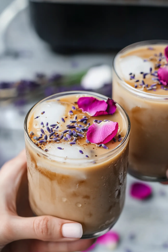 Rose Lavender Iced Latte (Honey Sweetened!) 12 Pouring milk over espresso and syrup in an ice-filled glass to make the Rose Lavender Iced Latte.