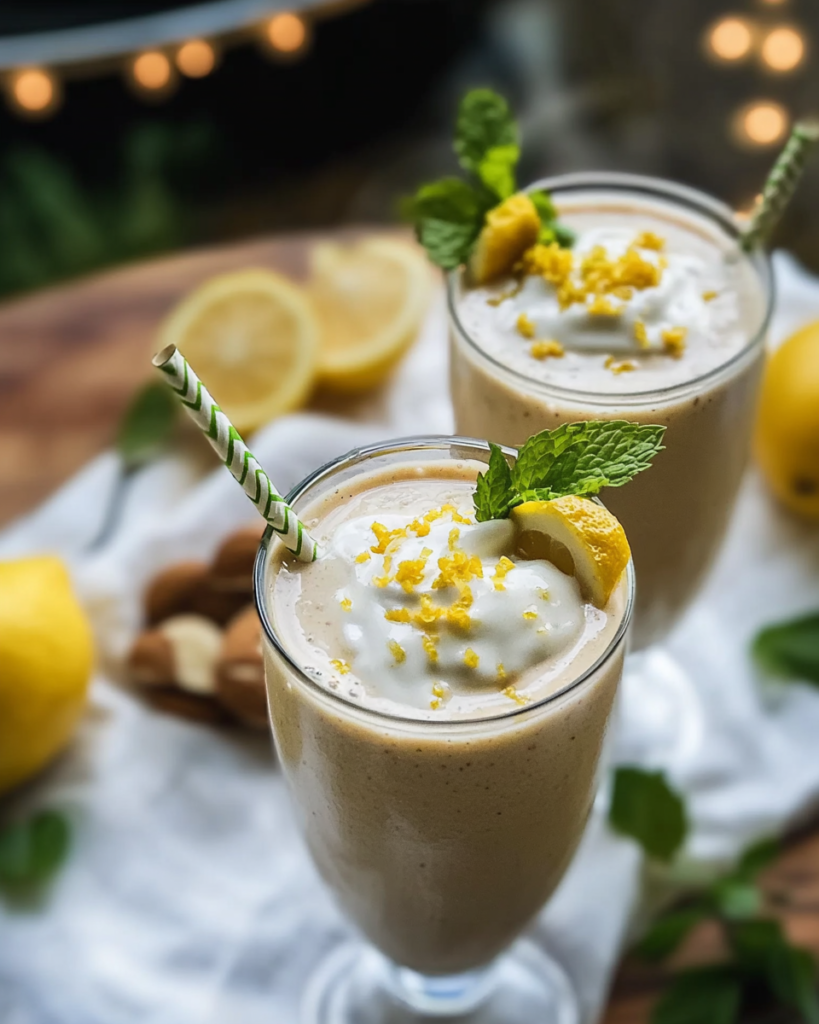 Healthy Lemon Cream Pie Smoothie (Vegan, GF!) 11 Blending the ingredients for the Lemon Cream Pie Smoothie in a high-speed blender.