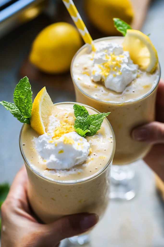 Healthy Lemon Cream Pie Smoothie (Vegan, GF!) 12 The finished Lemon Cream Pie Smoothie poured into a glass, looking thick and creamy, ready to drink.